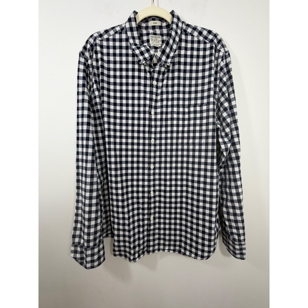 J.Crew Mens Secret Wash Slim Stretch Gingham Button Down Shirt XXL Navy AA429